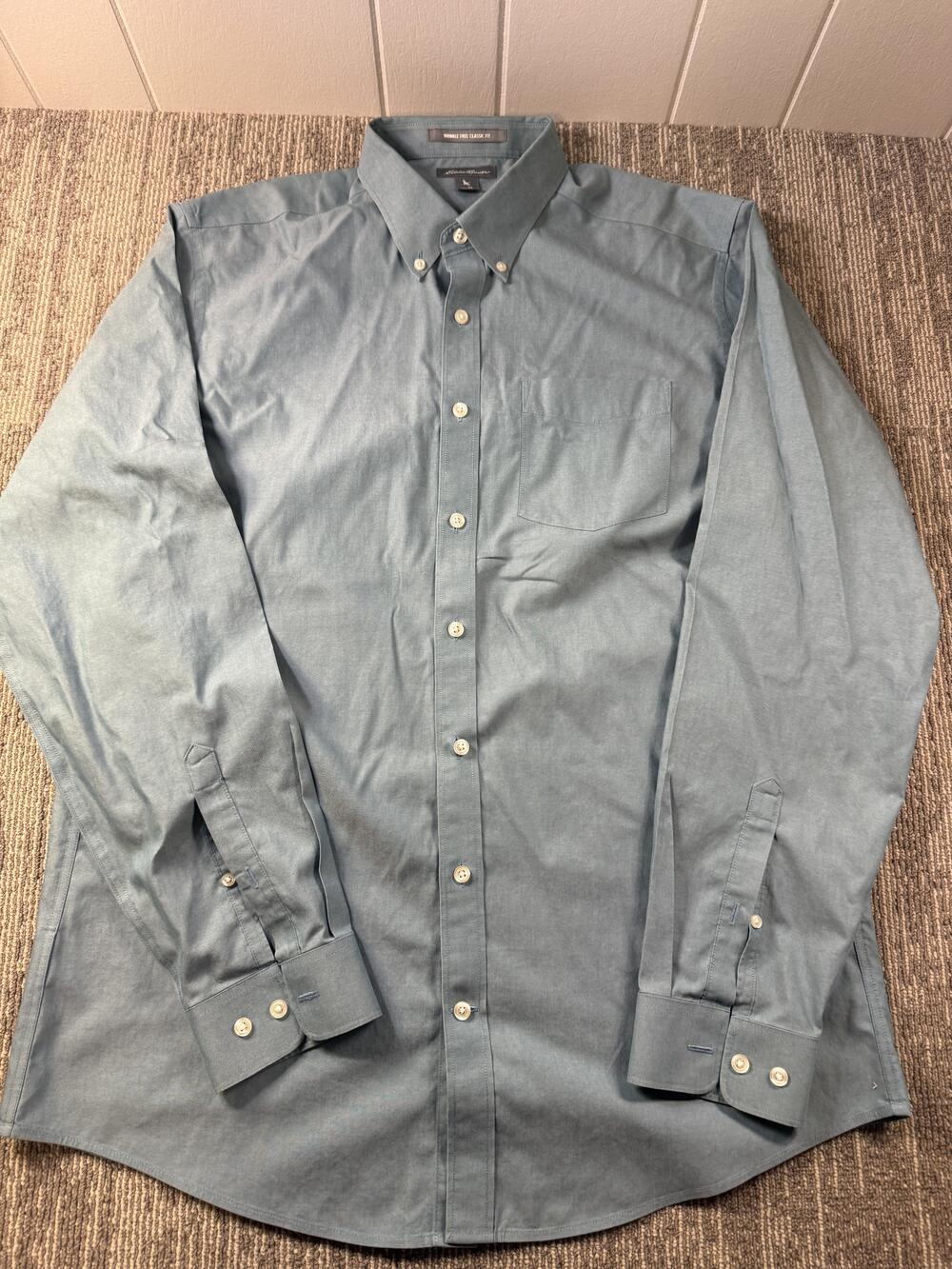 Eddie Bauer Dress Shirt Mens LT Blue Solid Classic Fit Wrinkle Free Non Iron LS